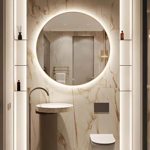 Vista 18 de Espejo de Baño LED Redondo de 24", Espejo de Tocador Retroiluminado Montado en Pared con Marco Biselado de 45°, Espejo Iluminado para Dormitorio