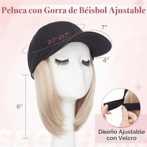 Vista 3 de SEGO - Gorra de béisbol con extensiones de cabello para mujer, resistente al calor, sintético, 6 pulgadas, ajustable, corta, recta, peluca