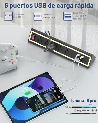 Vista 4 de Regleta de alimentación con abrazadera de escritorio con luz nocturna, carga rápida de 40 W, cable de extensión de 6 pies, USB-C de 4 x 20 W y 2