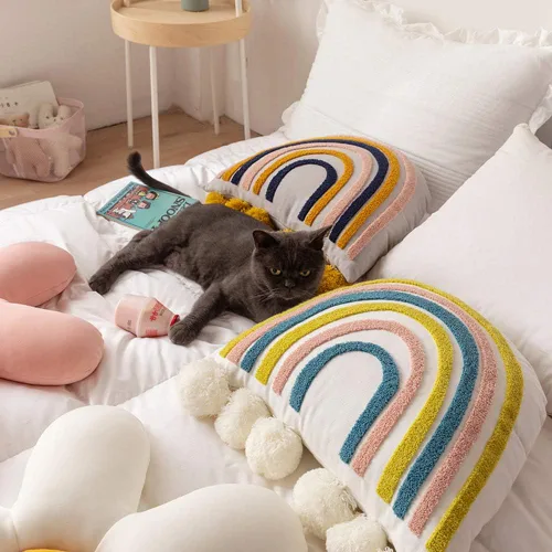 Vista 4 de vctops Cojín decorativo de algodón con borlas y estilo bohemio arco iris con relleno de almohada para sofá, cama, sala de estar