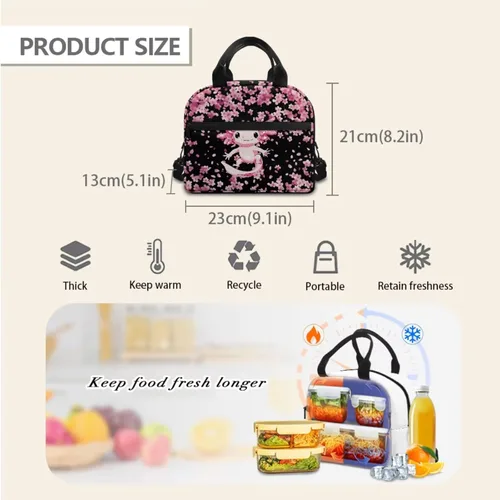 Vista 4 de Axolotl - Bolsas escolares para niños con estampado de flor de cerezo rosa con lonchera aislada, bolsa para lápices, soporte para botella de agua