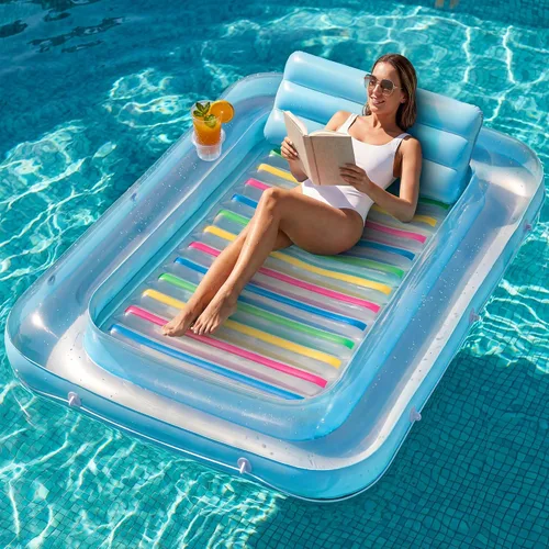 Vista 11 de JAMBO Flotador inflable para tumbona de piscina, 70 x 47 pulgadas, flotador de piscina con almohada, balsa de salón de agua, flotador de piscina