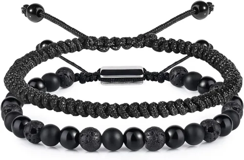 Vista 22 de Pulseras de cuentas negras para hombres y niños: 0.236 in de obsidiana ónix cuentas de lava para hombre conjunto de pulseras para hombre - Genial