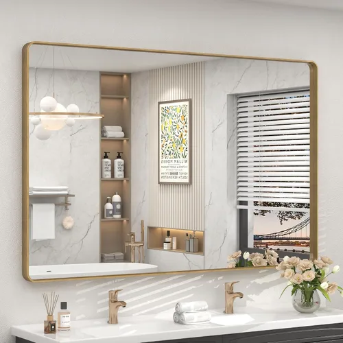 Vista 117 de Paquete de 2 espejos de baño con marco de metal negro de 22 x 30 pulgadas, espejo rectangular redondeado negro mate, antioxidante, se cuelga