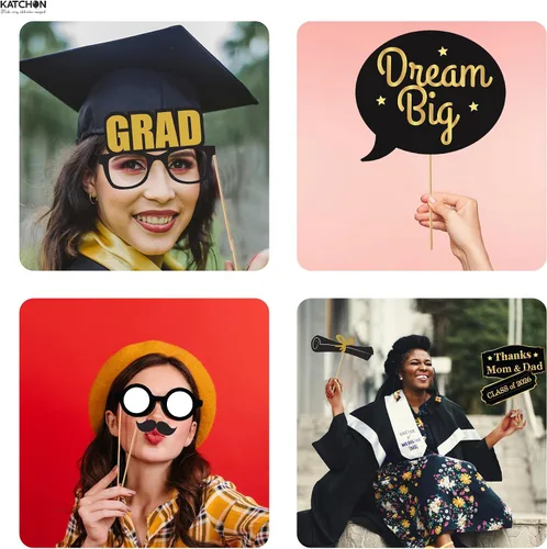Vista 7 de KatchOn, Accesorios para cabina de fotos de graduación – Paquete de 40 Accesorios de fotos de graduación negro y dorado, decoraciones