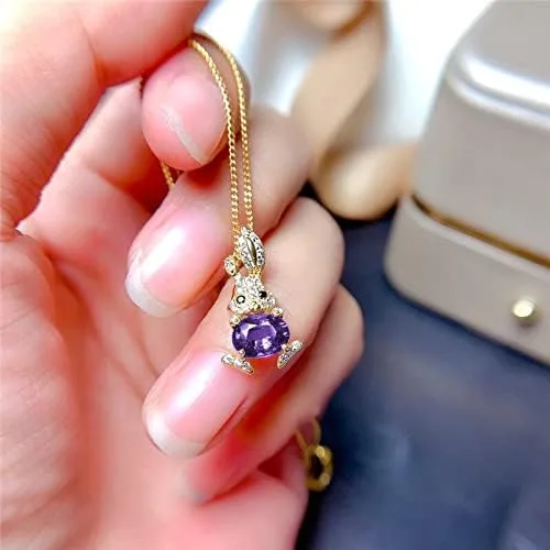 Vista 2 de Conjunto de anillos de collar de conejo de cristal morado con dije de oro amarillo vintage para mujer, conjunto de boda nupcial de lujo