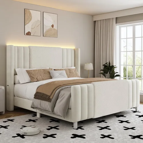 Vista 9 de Lihimte Marco de cama tamaño Queen con cabecera alta y estribo, marco de cama tapizado en bouclé y corduroy con luces LED, marco de cama de Negro