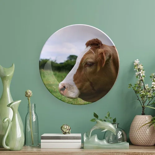 Vista 5 de Platos decorativos de cerámica de 6 pulgadas para colgar en la pared, plato de cerámica de vaca con soporte de exhibición, platos domésticos