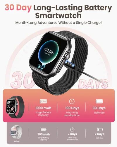 Vista 2 de Reloj inteligente para mujeres y hombres Fitness: 1.85 "Reloj inteligente con 30 días+duración de la batería hace/recibe llamada, frecuencia