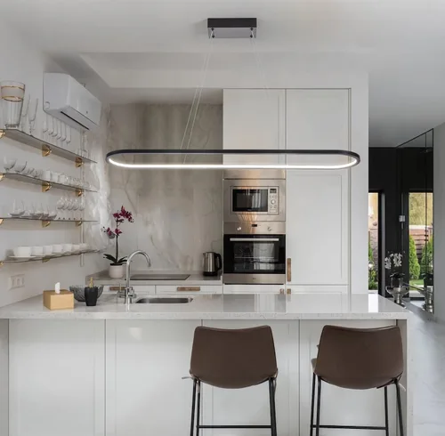 Vista 6 de MADEM Candelabro LED moderno, 39.4 pulgadas, luz lineal negra, luz colgante de mesa de billar, lámpara colgante regulable 3CCT para comedor, cocina