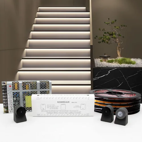 Vista 8 de Kit de iluminación LED para escaleras con sensor de movimiento inteligente KMG-3233, tira de luz LED cortable de 40" para luces de escalera LED