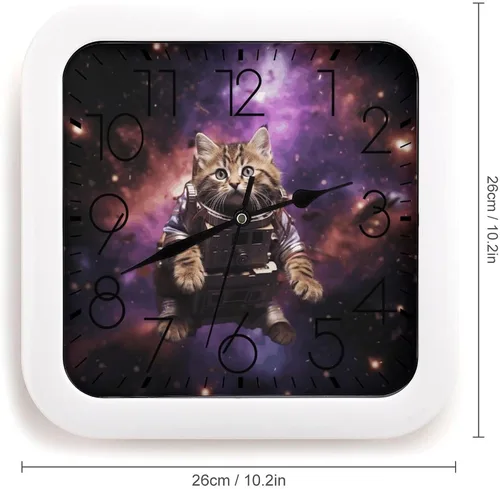 Vista 2 de 10" Square Modern Wall Clock,A Cat in Outer Space Print Kitchen Clocks Wall Battery Operated,Silent Non Ticking Unique Funny Cute Wall Clock for