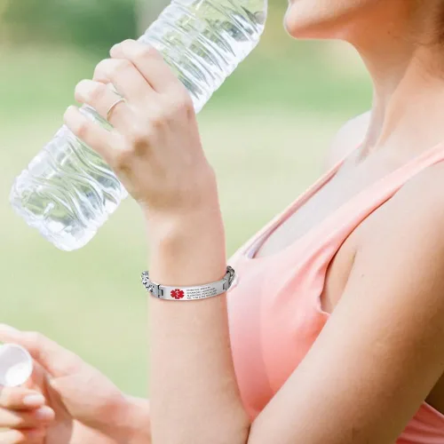 Vista 3 de Pulseras de identificación de alerta médica personalizadas para mujeres y hombres, pulseras médicas de emergencia para adultos, pulseras médicas