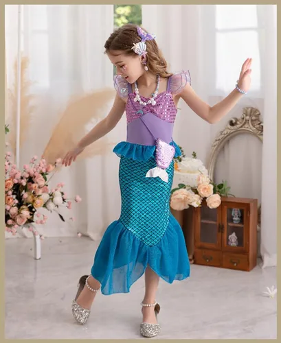 Vista 6 de Fishkidtail Little Girls Princess Mermaid Costume for Girls Dress Up with Accessory for Christmas Birthday Party Supplies