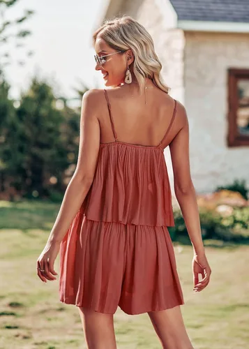 Vista 3 de PRETTYGARDEN Overol corto de verano para mujer, con tirantes delgados, cintura elástica, cuello cuadrado, volantes, casual, fluido