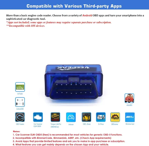 Vista 2 de Veepeak Mini escáner del OBD II de Bluetooth para Android SOLAMENTE, herramienta de la exploración del diagnóstico del coche del lector del código