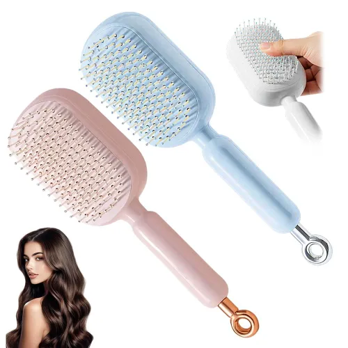 Vista 8 de Cepillo de pelo autolimpiante, cepillo retráctil con cerdas de masaje, peine antiestático fácil de limpiar para todo tipo de cabello, cepillo de Azul