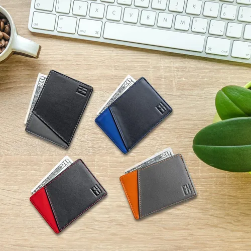 Vista 2 de F&H - Tarjetero minimalista para hombre en cuero genuino de grano superior, cartera delgada sin plegar, bolsillos delanterostraseros o camisas