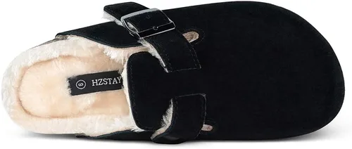 Vista 4 de Zuecos de corcho para mujer, zuecos de cuero de gamuza de vaca, plantilla suave, zuecos de corcho forrados de felpa, zuecos antideslizantes forrados