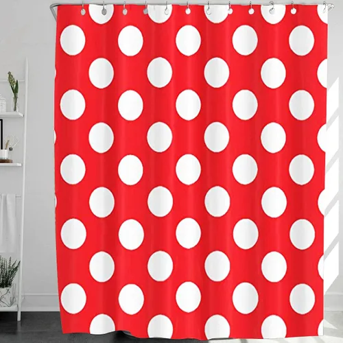 Vista 2 de Juego de cortinas de ducha con diseño de lunares, color rojo y blanco 22