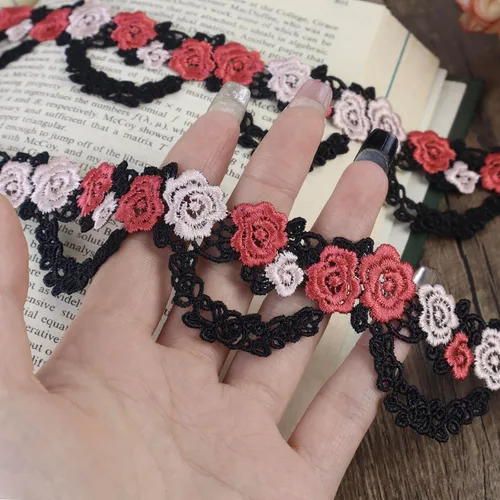 Vista 5 de Cinta de encaje bordada con flores negras para coser manualidades, boda, 3.5 yardas