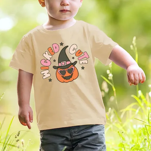 Vista 4 de Wicked - Lindas camisetas retro de Halloween para niños y niñas pequeñas con diseño de cara de calabaza, camiseta de manga corta para otoño