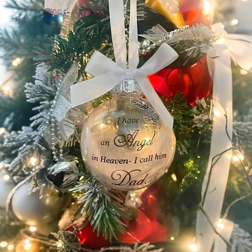 Vista 2 de Adornos de bola para árbol de Navidad, bola de plumas transparente, adorno conmemorativo de ángel, tengo un ángel en el cielo, lo llamo papá