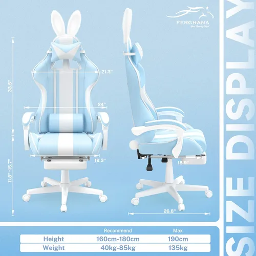 Vista 3 de Ferghana Kawaii - Silla de juegos azul claro con orejas de conejo, ergonómica y bonita silla para jugadores con reposapiés y masaje, silla