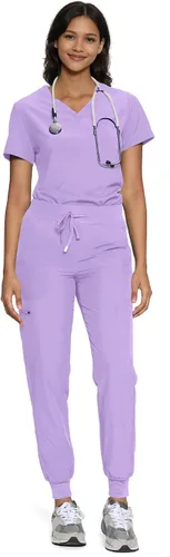 Vista 10 de floralhue Conjunto de ropa quirúrgica para mujer con cuello en V y Negro