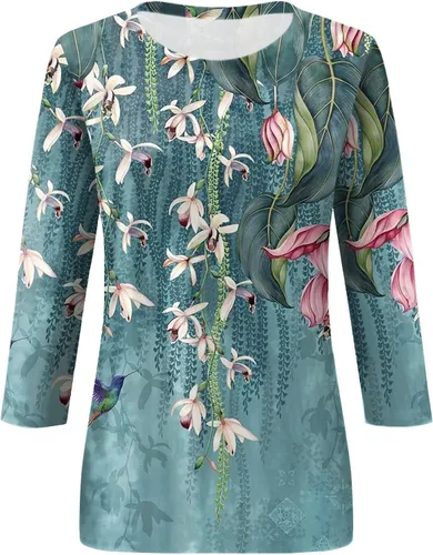 Vista 4 de Camisetas de verano para mujer, manga 34, diseño étnico, floral, ajustadas, cuello redondo, ajustadas, media manga, blusa de primavera