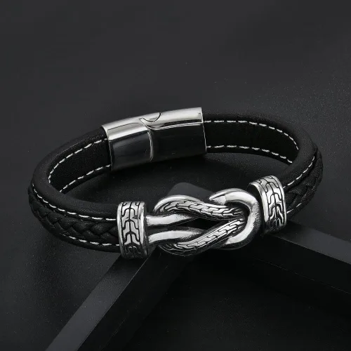 Vista 2 de Pulsera de cuero con nudo infinito para hombre, acero inoxidable, negromarrón, cuero genuino, trenzada, pulsera de joyería para hombres, padre