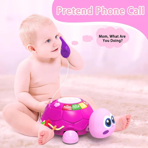 Vista 4 de Ussybaby Juguetes Musicales de Tortuga para Bebés de 6 a 12 Meses, Juguete Musical Iluminado para Tiempo Boca Abajo del Bebé con Teléfono, Juguetes