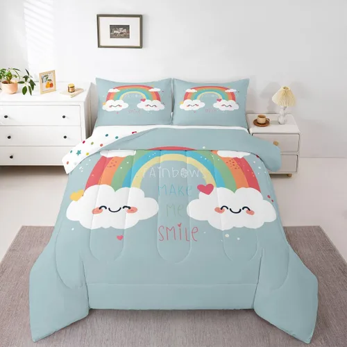 Vista 12 de Erosebridal Juego de edredón arcoíris de 2 piezas, edredón de nube de dibujos animados kawaii iridiscente individual para niños, niñas, mujeres