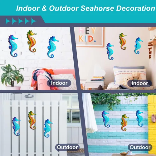 Vista 5 de POXOH - Juego de 3 decoraciones de pared de caballito de mar de metal, temática costera del océano de vida marina para interiores y exteriores, arte