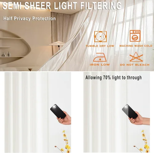 Vista 4 de Kayne Studio Cortinas Plisadas de Lino Natural Semitransparentes con Mezcla, Cortinas Estilo Granja Filtradoras de Luz con Ganchos para Sala