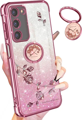 Vista 9 de Funda 3 en 1 para teléfono Samsung Galaxy A03S con purpurina brillante para mujeres y niñas, cubierta brillante con bonito diseño floral de flores