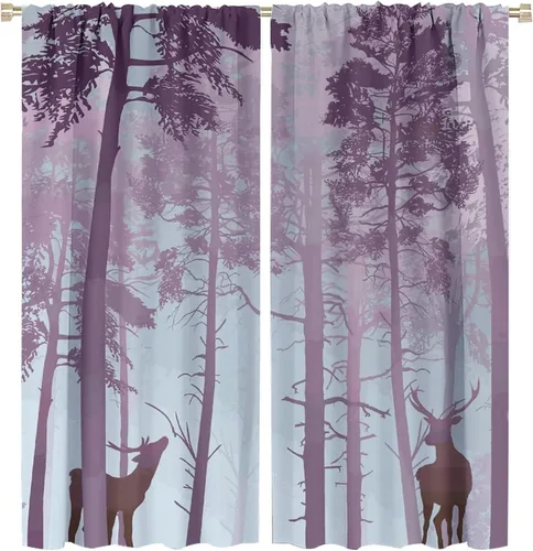 Vista 52 de Cortinas opacas con diseño de ciervos, bosque brumoso, rústico, vida silvestre, alce, montaña, pájaros, pino, bosque, cortinas de ventana