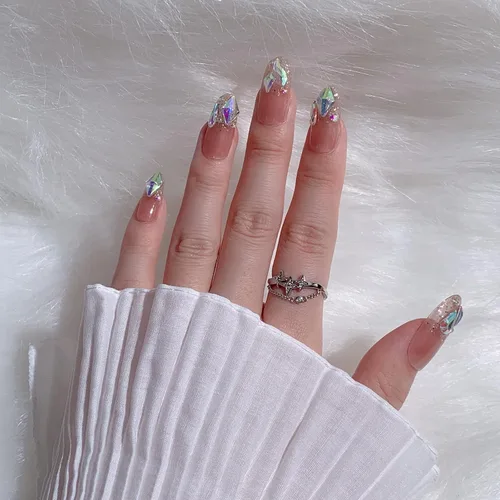 Vista 20 de LIGHT RAIN - Uñas a presión medianas con diseño de galaxia Andromeda, de lujo, reutilizables, de siete capas, con acabado UV, uñas postizas hechas a