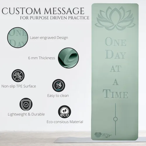 Vista 3 de Recovery Lyfe - Esterilla de yoga con grabado "One Day at a Time", Eco TPE antideslizante, verde salvia, 72" x 24" x 0.236 in, esterilla de yoga
