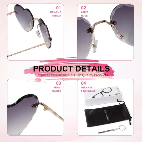 Vista 3 de VIA LEECA Gafas de sol sin montura con forma de corazón para mujer, gafas de sol grandes y modernas con marco de metal