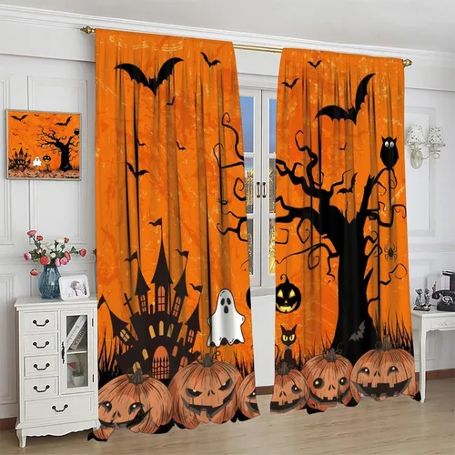 Vista 4 de Cortinas de bosque de Halloween, diseño de castillo de terror y murciélago, decoración de ventana para dormitorio, sala de estar, 42 x 44 pulgadas