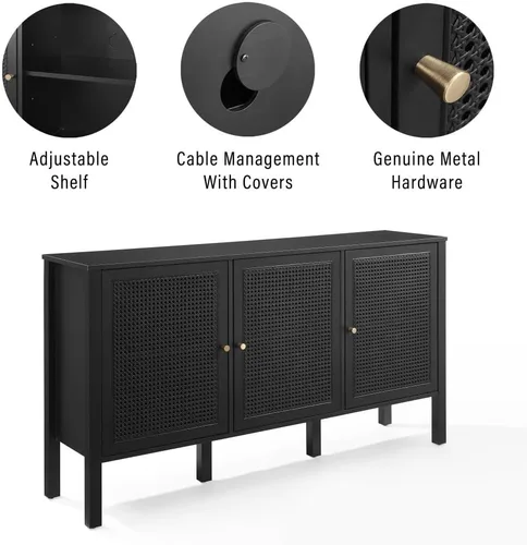 Vista 6 de Crosley Furniture Perry - Aparador de ratán moderno con armarios de almacenamiento, Credenza, soporte de TV, color negro