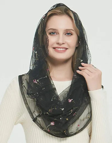 Vista 2 de Leimandy Velo ortodoxo que cubre la cabeza con flores bordadas capilla católica Mantilla velo V50
