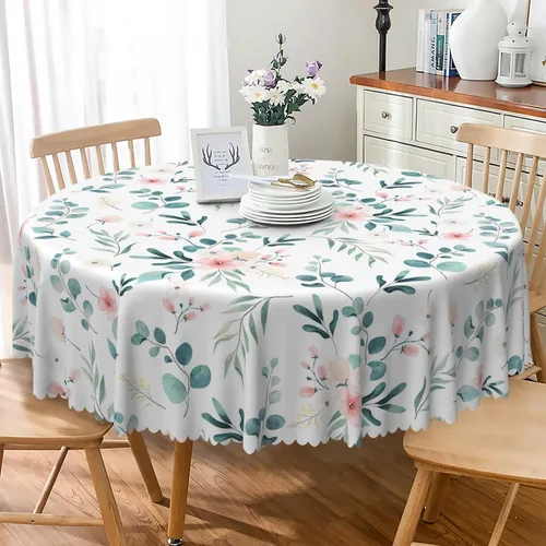 Vista 16 de Mantel redondo floral rústico de 48 pulgadas, con estampado botánico de flores en acuarela verde, azul y gris, a prueba de derrames y aceite, tela