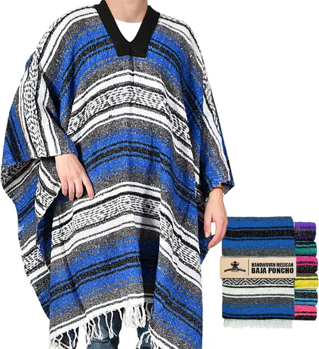 Vista 12 de Artisans Bazaar Poncho tradicional mexicano de Baja para hombres y mujeres, auténtico sarape de Gaban, manta de vaquero Pancho Jorongo Aguamarina