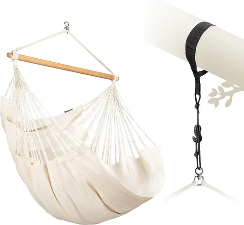 Vista 23 de LA SIESTA® - Silla Hamaca Grande y Cómoda de Algodón Habana & CasaMount - Silla Colgante con Kit de Suspensión para Paredes, Techos y Vigas Café