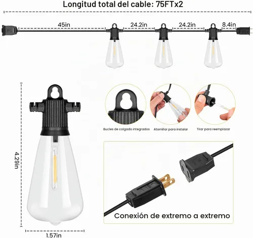 Vista 6 de Zuske Luces de Cadena para Exteriores, Luces LED de Patio de 150 Pies con 72+3 Bombillas ST38 Edison Vintage Irrompibles, Impermeables Conectables