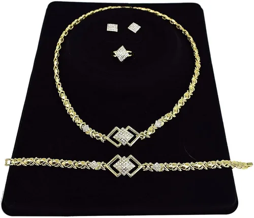Vista 5 de Uilita Juego de joyas 2023 de oro relleno de 14 quilates para mujer, collares, boda, aretes, regalos, 4 unidades por paquete, Metal, Circonita cúbica