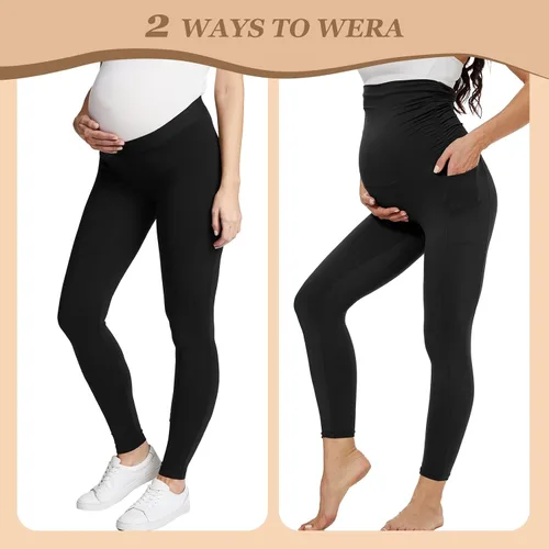 Vista 4 de QGGQDD Paquete de 2 leggings de maternidad sobre el vientre con bolsillos, pantalones negros de cintura alta para entrenamiento, embarazo