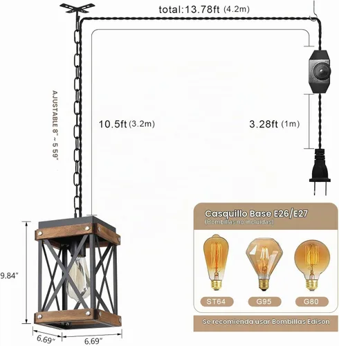 Vista 4 de Lámpara colgante rústica de granja que se enchufa con cadena ajustable, accesorio con jaula de linterna de madera de roble y metal, mini lámpara